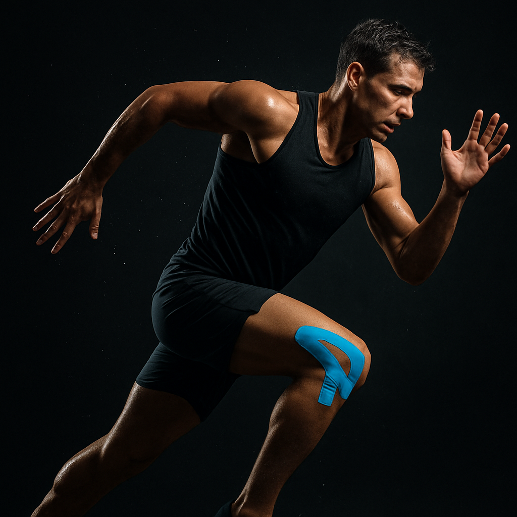 Athlete with kinesiology tape on the knee in dynamic motion