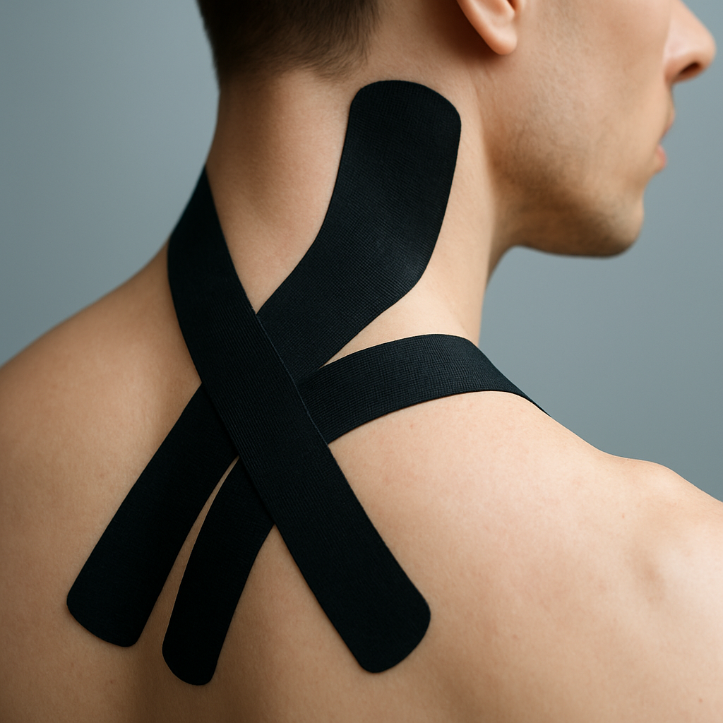 Tape applied to neck and shoulder